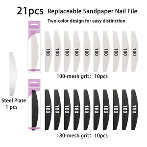 21PCS Nail File Set - Replaceable Sandpaper Nail Buffers with 100/180 Grit, Washable & Reusable, Hygienic Nail Shaping Tool for Home Salon Manicure Pedicure