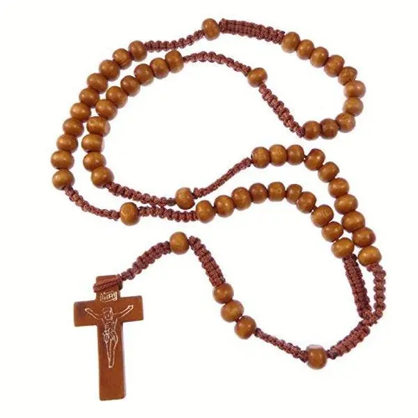 Wood wooden light brown long cord rosary beads necklace 61cm by R. Heaven