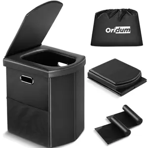 Portable Toilet for Adults, Foldable Camping Toilet with Soft & Comfortable Leather Seat, Holds Up to 400lbs, Height 16.5in for Camping, Car/Road-Tripping Outdoor Travel Accessories