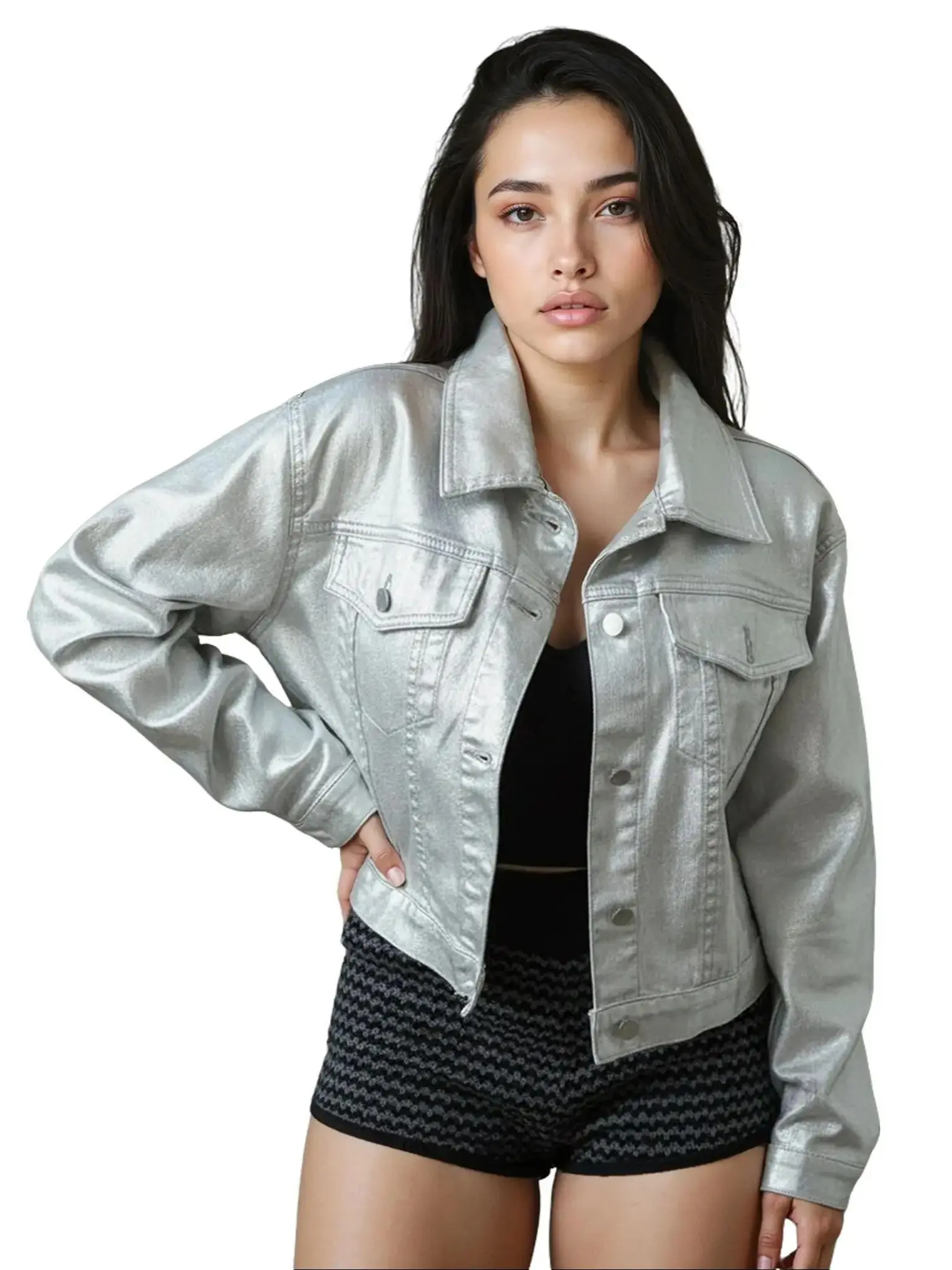 Women's Metallic Silver Coated Collared Neck Fitted Jacket - Long Sleeves, Basic Plain Button-Up, Minimalist, Casual Evening Outerwear, Luxurious Feel, Large Size