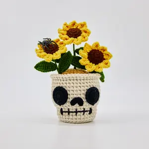 Spooky Crochet Skull Flower Pot with Sunflowers & Spider Halloween Stuffies Decor for Thanksgiving Christmas Festive Indoor Decoration
