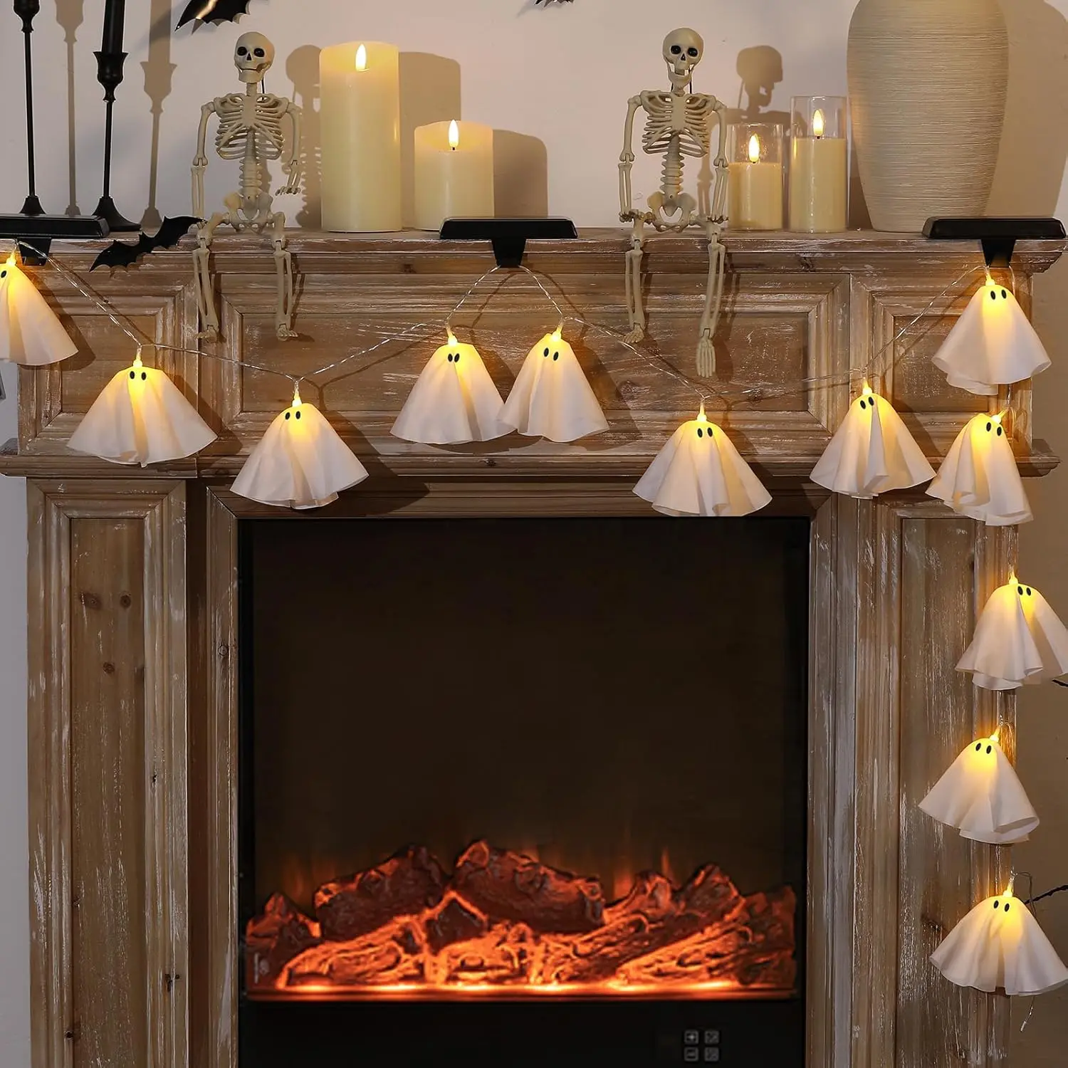 Halloween Decoration-Light Up Ghost Garland-Handmade LED Ghost String Lights Banner for Home Party Fireplace Mantle Windows Décor