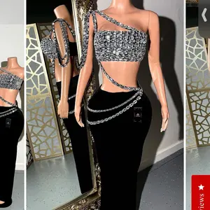 Set Diamonds Hot Rhinestones Strapless Top + Long Skirt Suit Dress Sets Two 2 Piece
