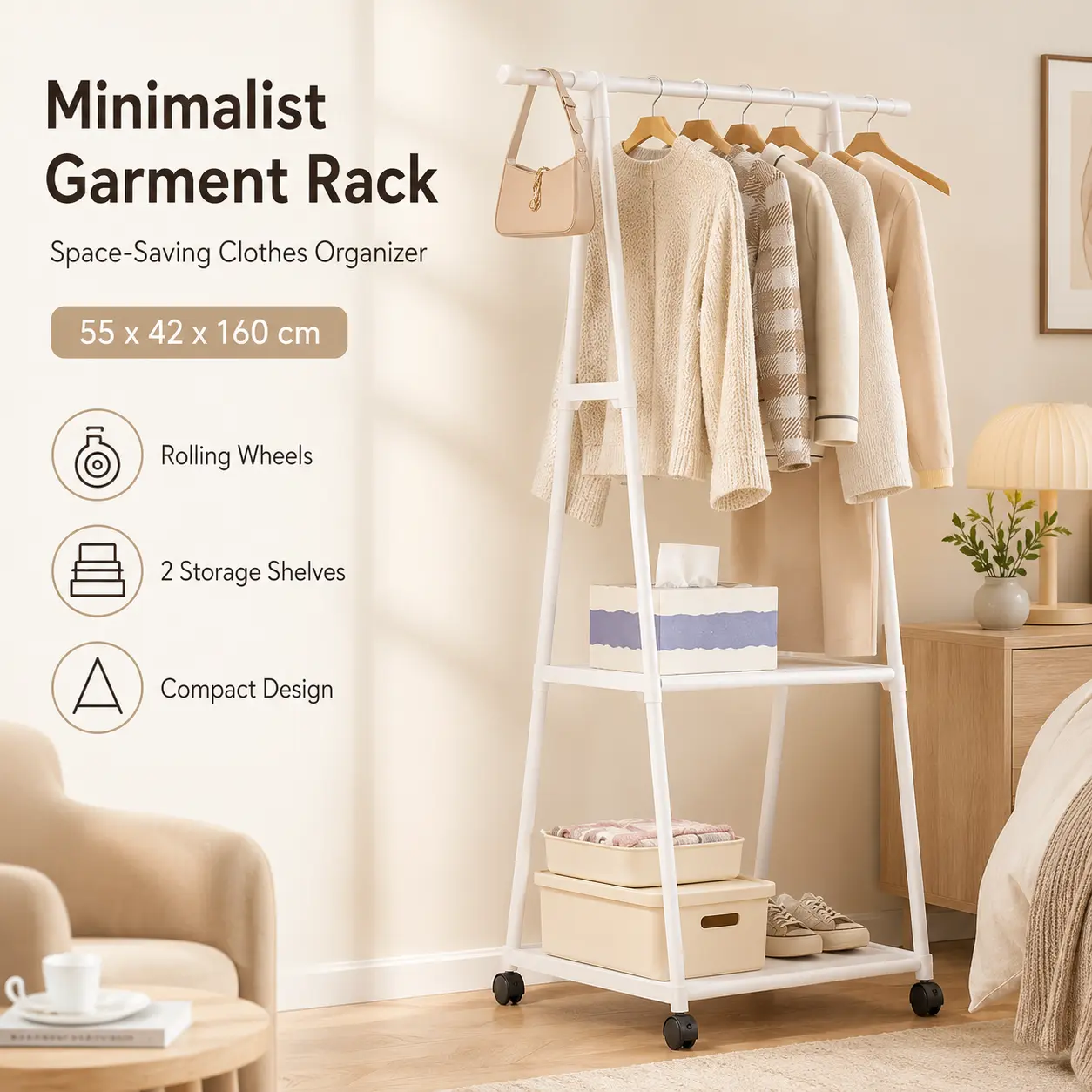 1pc Rolling Garment Rack with 2 Storage Shelves, Freestanding A-Frame Clothes Organizer with Wheels for Bedroom campingessentials