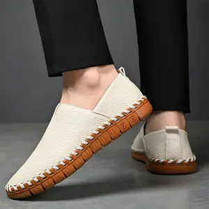 BDHJYDB Men's Slip-On Driving Loafers - Business Casual Shoes with Non-Slip Rubber Sole, Beige & White Round-Toe Moccasins, All-Season for Office, Semi-Formal & Casual Attire - Easy Slip-On Design (No Laces/Ties)