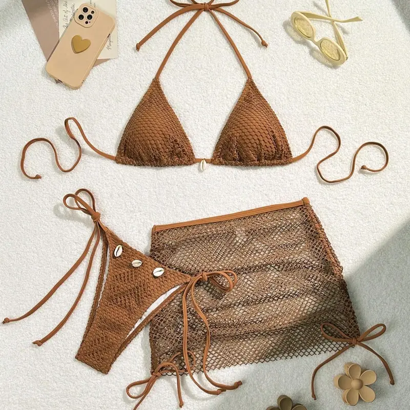 Women's Three-Piece Bikini Set, Bathing Suit, Triangle Swim Bra & Swim Panty & Fishnet Cover Up Skirt, Women's Summer Swimwear, Beachwear, Swimsuit, Swimsuit For Beach, Beachwear Swimsuits, Swimwear Sets, Beach Swimwear Clothes