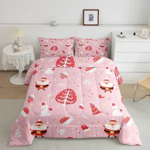 Santa Claus Luxury Bedding Set,Cute Rabbit Kawaii Pink Comforter,Merry Christmas Bed Comforter Set,Pink Comfortable Bedding