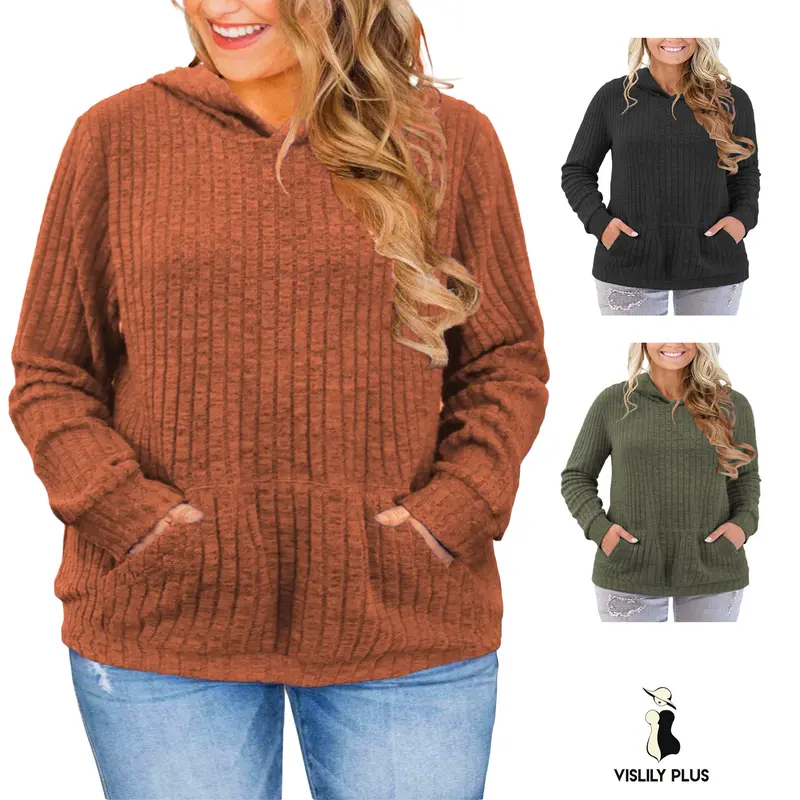 Vislily Women's Plus Size Hoodie Sweatshirts - Soft Style Tops for Women, Elegant Minimalist Ribbed Knit Long Sleeve Pullover with Kangaroo Pocket, Loose Easy Fit Body Heat Trap Outdoor Casual Piece, XL-5XL VPS0223