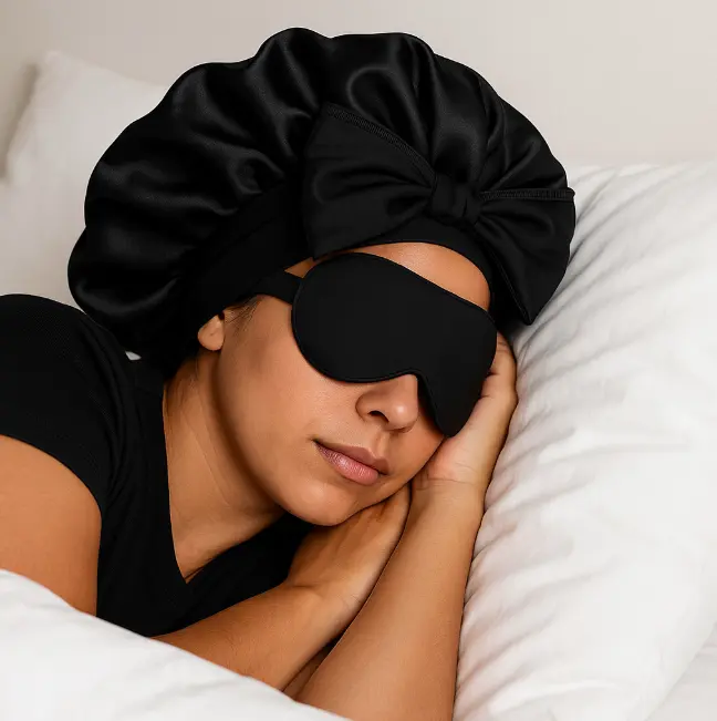 Sosun Beauty Satin Sleep Bonnet with Matching Sleep Mask - Heatless, Adjustable Haircare Accessory for Adults, Sleep Bonnets