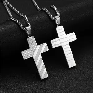 2Pcs American Flag Cross Necklace for Men Women, Stainless Steel Inspirational Bible Verse Pendant, Religious Baptism Communion Christian Jewelry Gift