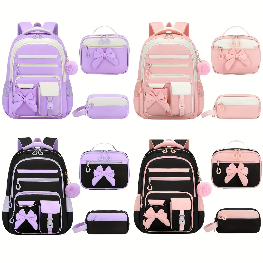 Cute bow girl backpack 3-in-1 set — spine-protection large-capacity school backpack that includes a lunch tote bag, pencil case, and lightweight waterproof fabric book bag; suitable for primary school, middle school, and teenage girls; features plush ball
