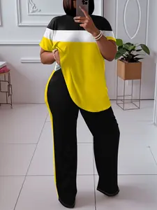 Women's 2-Piece Sporty Style Color Block Casual Sportswear Set - Large Sizes, Short Sleeve Crew Neck Top & Straight Leg Pants, 95% Polyester 5% Elastane Medium Stretch Knit Fabric, Machine Washable,summervibes