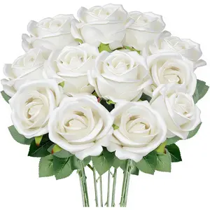 12 Pcs White Roses Artificial Flowers, Real Fake Velvet Flowers with Stems in Bulk for Decor, Wedding, Party, Mother's/Valentine's Day Gifts