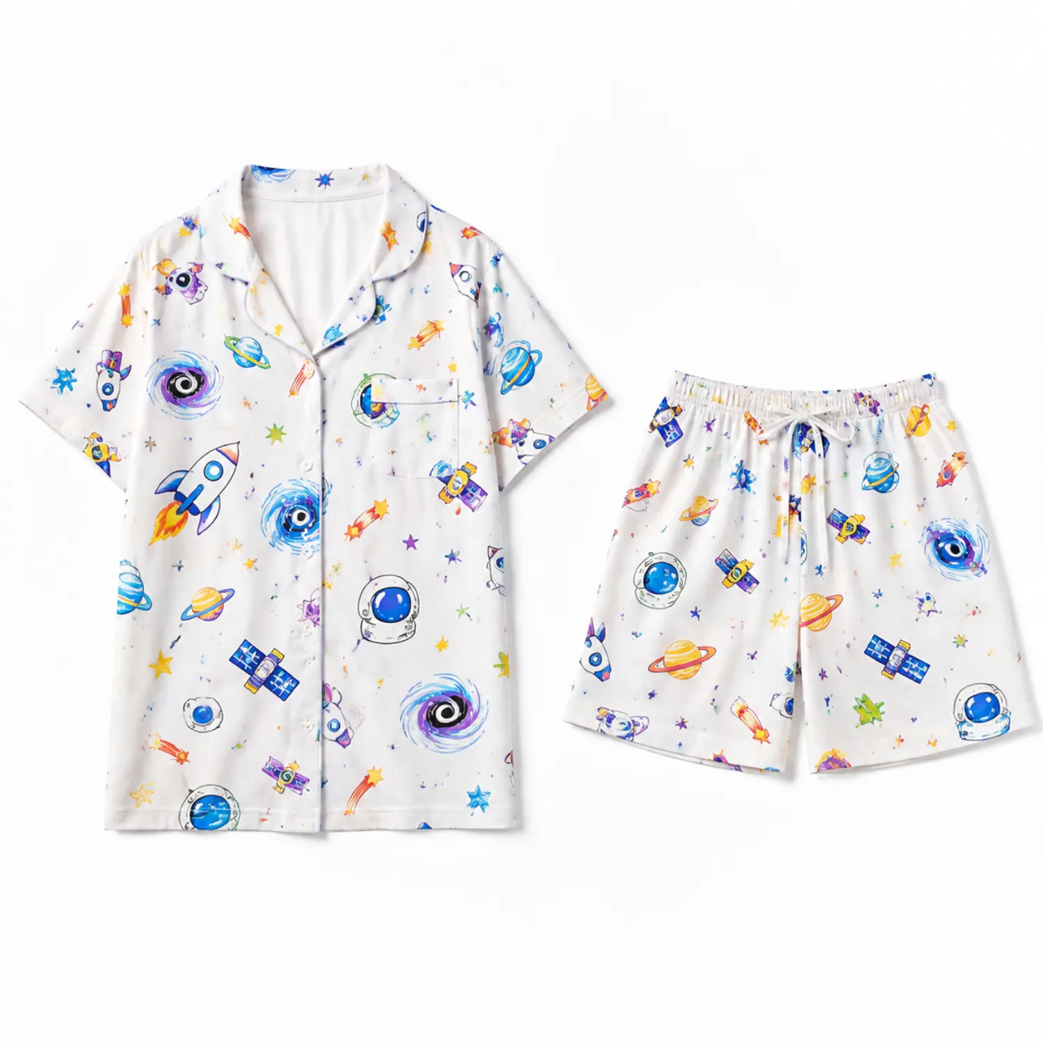 Space Adventure Pajama Set, Short Sleeve Collared Button Front Top and Shorts with Colorful Rockets, Planets, Astronauts, and Stars for Sleepwear