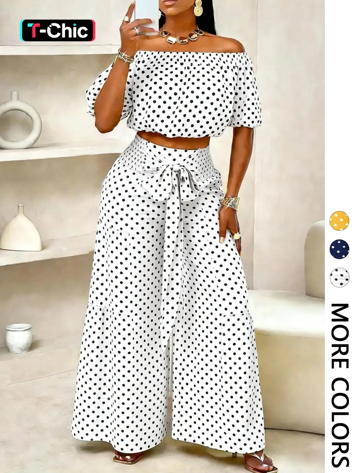 Women's Summer Polka Dot Two-Piece Set, Casual Chic Off-Shoulder Short Top & High-Waisted Wide-Leg Pants for Vacation, Fitted Clothing Set, Summer Outfits Set