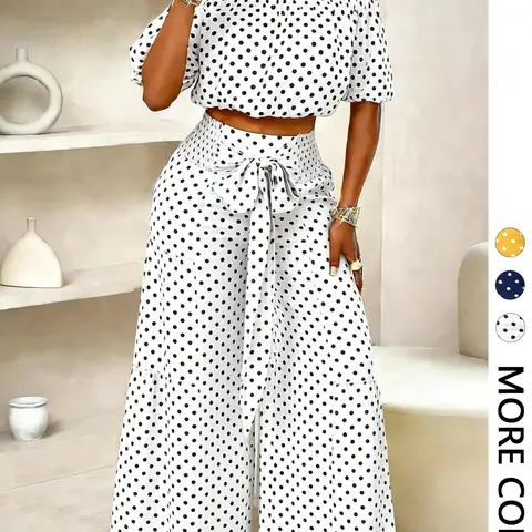 Women's Summer Polka Dot Two-Piece Set, Casual Chic Off-Shoulder Short Top & High-Waisted Wide-Leg Pants for Vacation, Fitted Clothing Set, Summer Outfits Set