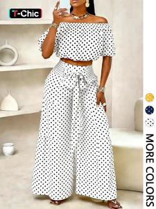 Women's Spring Summer Polka Dot Casual Vacation Two-Piece Set, Shoulder-Exposed Short Top + High-Waisted Wide-Leg Pants Outfit