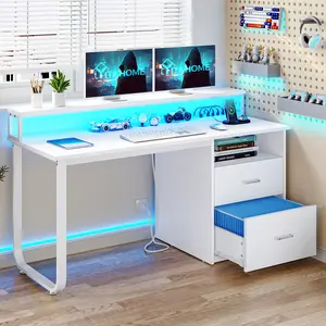 YITAHOME Computer Desk with Drawers, 55" Office Desk with Power Outlets & LED Light, Home Office Desk with Storage Shelves