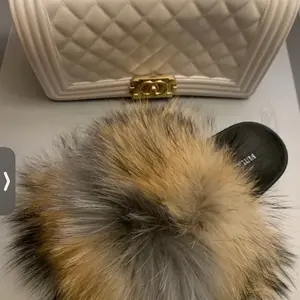 Natural Brown & Grey Fluffy Slides
