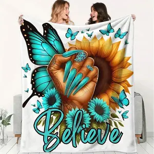 Empowerment Sunflower Flannel Blanket, Vibrant Decorative Throw Blanket with Turquoise Accents, Perfect for Home Decor, Camping, Travel, and Cozy Office Warmth, Inspiring "Believe" Message