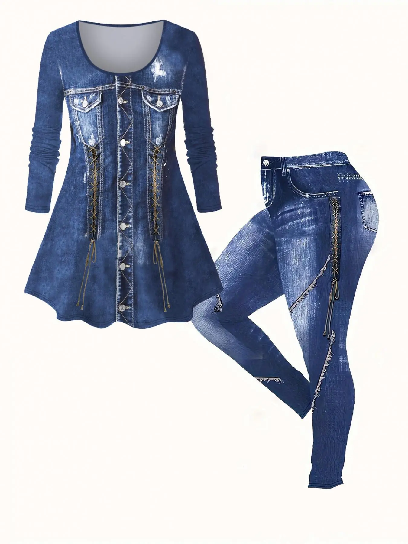[Plus Size] Two-piece Set, Casual Style Set, Denim-effect Print Tee & Skinny Pants, Scoop Neck Long Sleeve Fitted Top & Leggings for Daily Wear, Womenswear for Spring & Fall