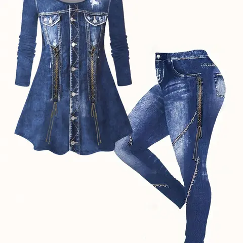 [Plus Size] Two-piece Set, Casual Style Set, Denim-effect Print Tee & Skinny Pants, Scoop Neck Long Sleeve Fitted Top & Leggings for Daily Wear, Womenswear for Spring & Fall
