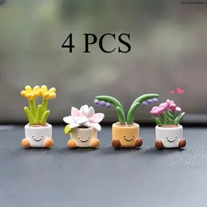 4pcs Mini Potted Flower Figurine Cute Smiley Plant Dashboard Decor for Car Interior Adorable Floral Accents, Accessories For Car, Cute Car Accessories