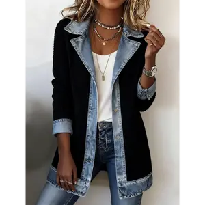 Curvy-Friendly Denim Patchwork Ribbed Knit Cardigan - Soft & Stretchy, Loose Lapel Collar, Single Breasted Casual Retro Jacket for Fall & Winter Layering ransom drysdale sweater sweatshirt cozy waffle