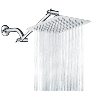 BRIGHT SHOWERS Rain Shower Head with 10 Inch Adjustable Extension Arm Combo, 8 Inch High Pressure Stainless Steel Rainfall Showerhead