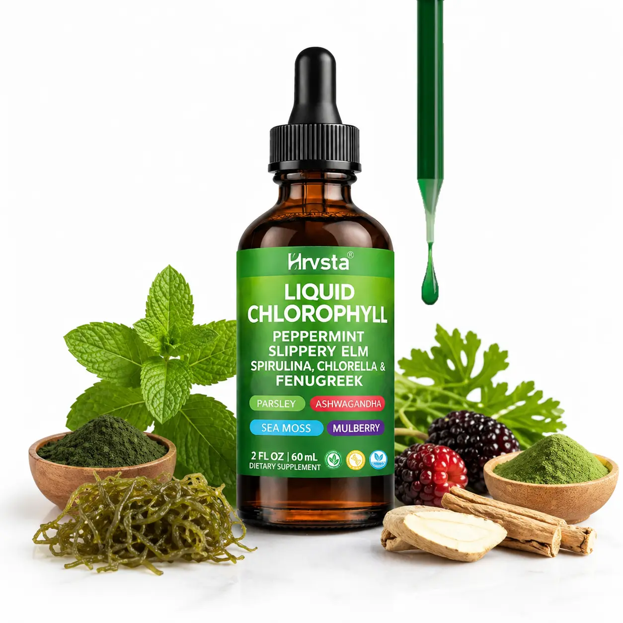 Edible Liquid Chlorophyll Drops - Peppermint Flavor Dietary Healthcare Supplement with Herbs (Spirulina, Chlorella, Fenugreek, Sea Moss, Slippery Elm, Ashwagandha) - Daily Wellness Support - 2 fl oz (60mL)