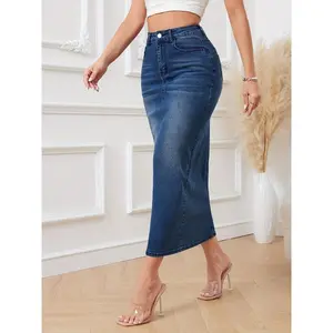 Plicated Pattern Fashion Denim Midi Skirts, High Waist Stretchy Elegant Washed Denim Skirts, Women's Denim Clothing