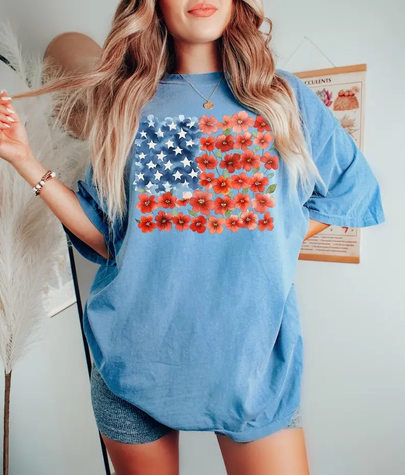Comfort Colors Floral American Flag Shirt, 4th of July Shirt, Patriotic Americans Tee, Independence Day Gift