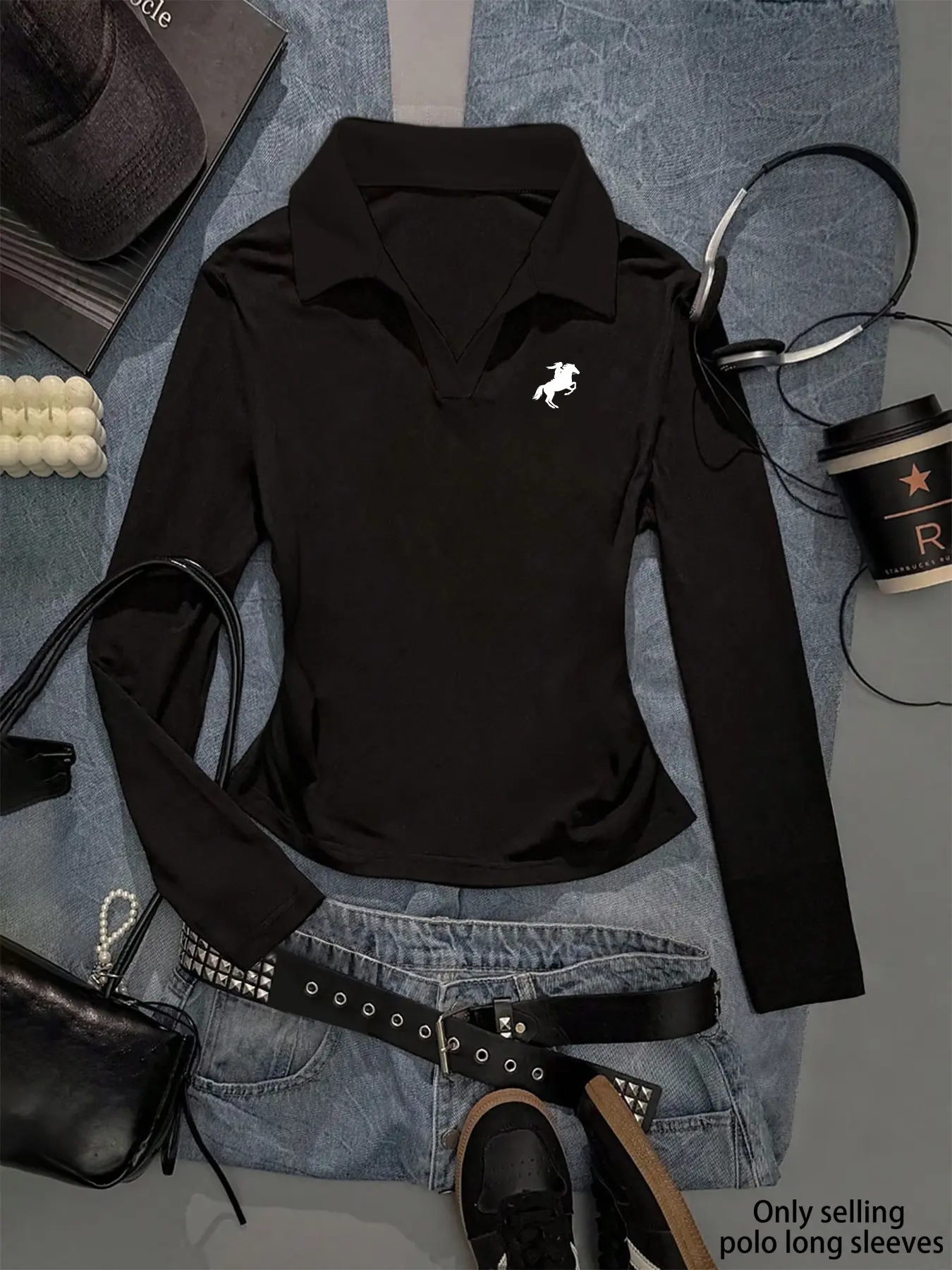 Women's Y2K Gothic Polo Neck Slim Fit Long Sleeve Top Shirt, Printed Polo Shirts, Geometric Print, Fall & Winter Fashion, Casual Bottoms Layering