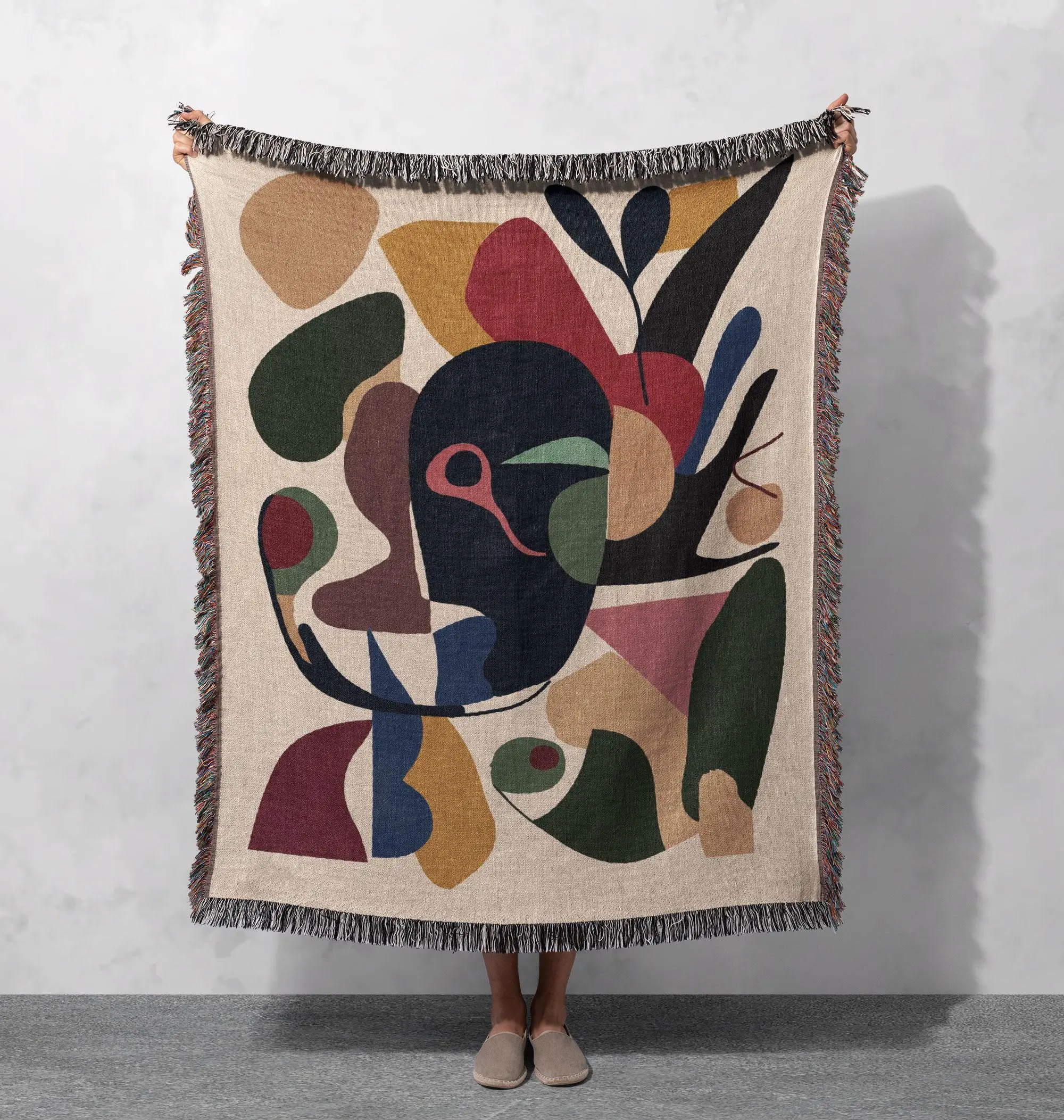 Abstract Multicolor Woven Blanket 100% Cotton - Modern Artistic Design with Fringed Edges, Cottagecore Tapestry
