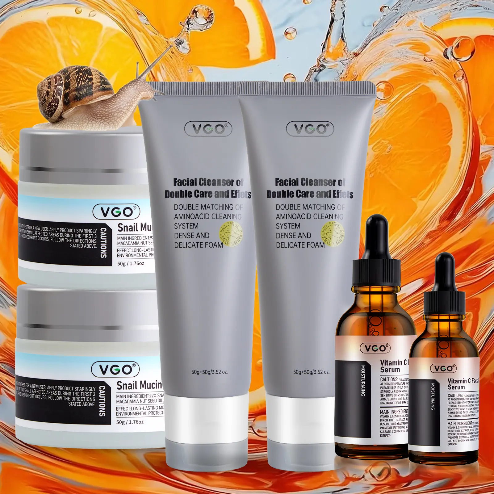 VGO 3-Piece Skin Care Kit with Vitamin C Serum, 92% Snail Mucin Moisturizer & Charcoal Cleanser for Hydrating & Repairing All Skin Types, 50g, All Types, Triple-In-One Skin Care Kits