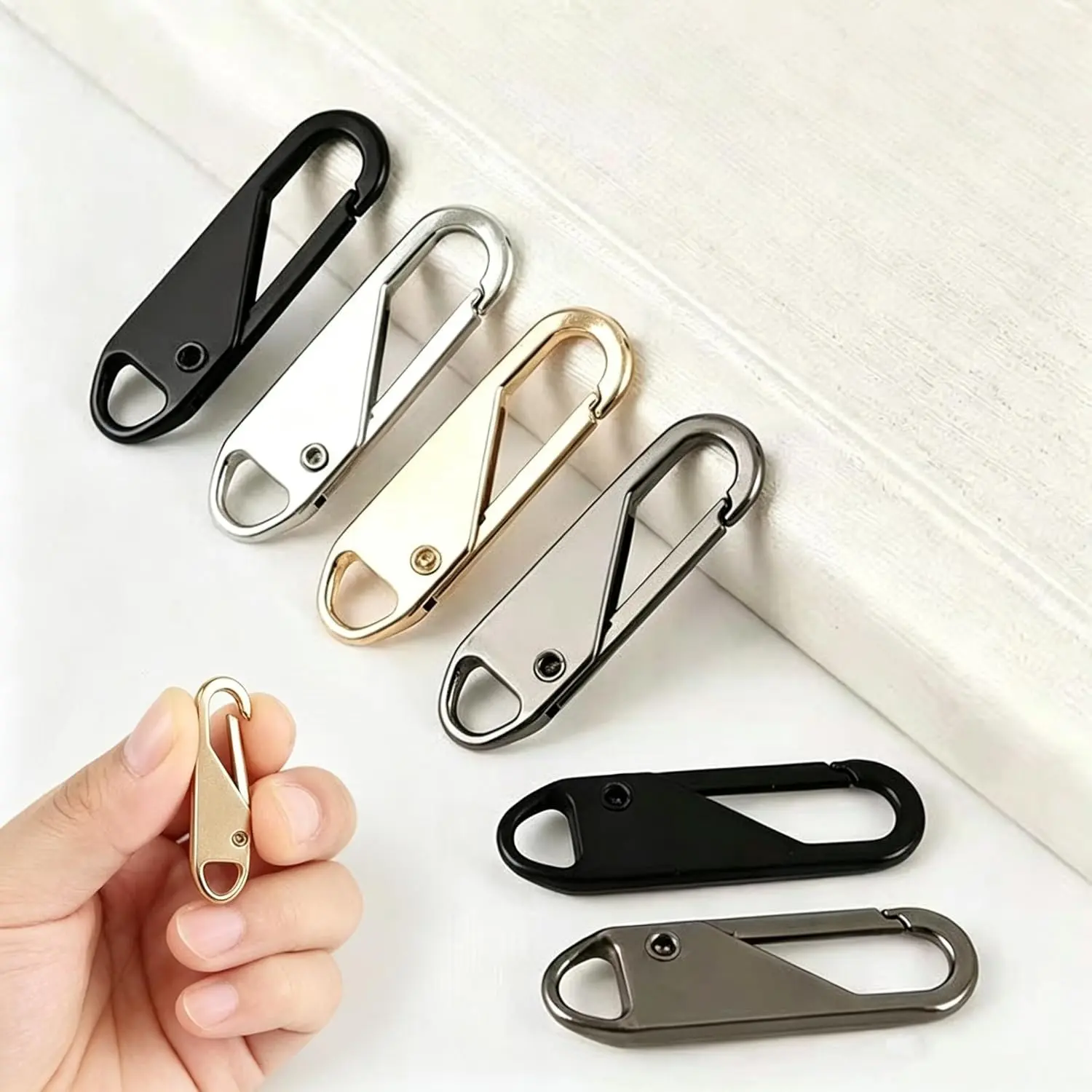 Portable tool free installation multi-purpose zipper head - press type installation universal metal zipper pendant pull tab for clothing and luggage(5 pcs,random color).