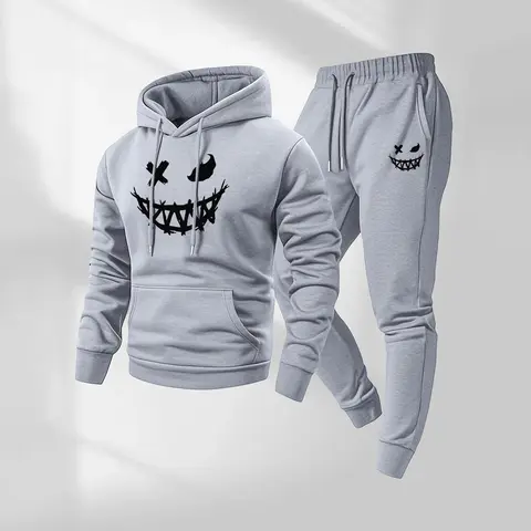 Men's Evil Smiley Face Pattern Hoodie and Drawstring Sweatpants Set, Casual Sports Long-Sleeved Hoodie and Pants, Suitable for Autumn and Winter, Street Style Hoodie Set, Men's Everyday Wear, Indoor and Outdoor Sportswear, Sports Set