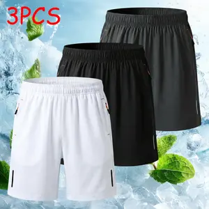 Men's Gym Shorts, 3-Pack Summer Ice Silk Men's Shorts with Drawstring Waist, Zippered Pockets, Stretchy Legs with Reflective Stripes - Ideal for Outdoor Casual Sports, Night Running