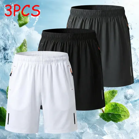 Men's 3-Pack Active Fitted Stretchy Quick Dry Ice Silk Casual Athletic Shorts, Menswear Bottoms with Zipper Pockets, Drawstring Waist, Reflective Stripes for Gym, Running, Dark Gray+Navy Blue+Black, XL, Casual Athletic Men's Shorts