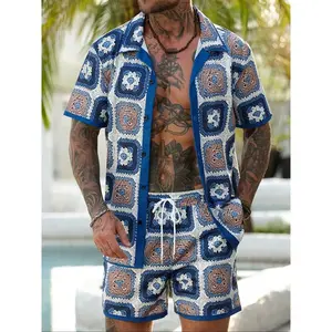 Men’s two-piece set featuring a regular-fit floral print button shirt and drawstring-waist shorts; casual short-sleeve collared top and pocketed shorts; men’s two-piece outfits for summer beach vacations.