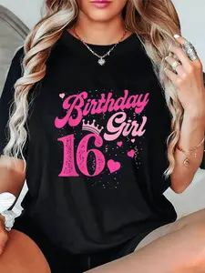 Celebrate Her Sweet Sixteen with Stylish Number Sixteen Print T Shirt Perfect for Casual Spring Summer Birthday Parties