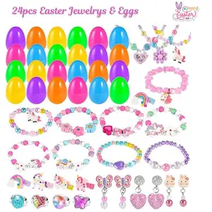 24 Pack Prefilled Easter Eggs with 24 pcs Cute Bracelets, Necklaces, Rings, Ear clips and  hair clips Easter Basket Stuffers Egg Fillers for Girls Party Favors Kids Toddler Presents