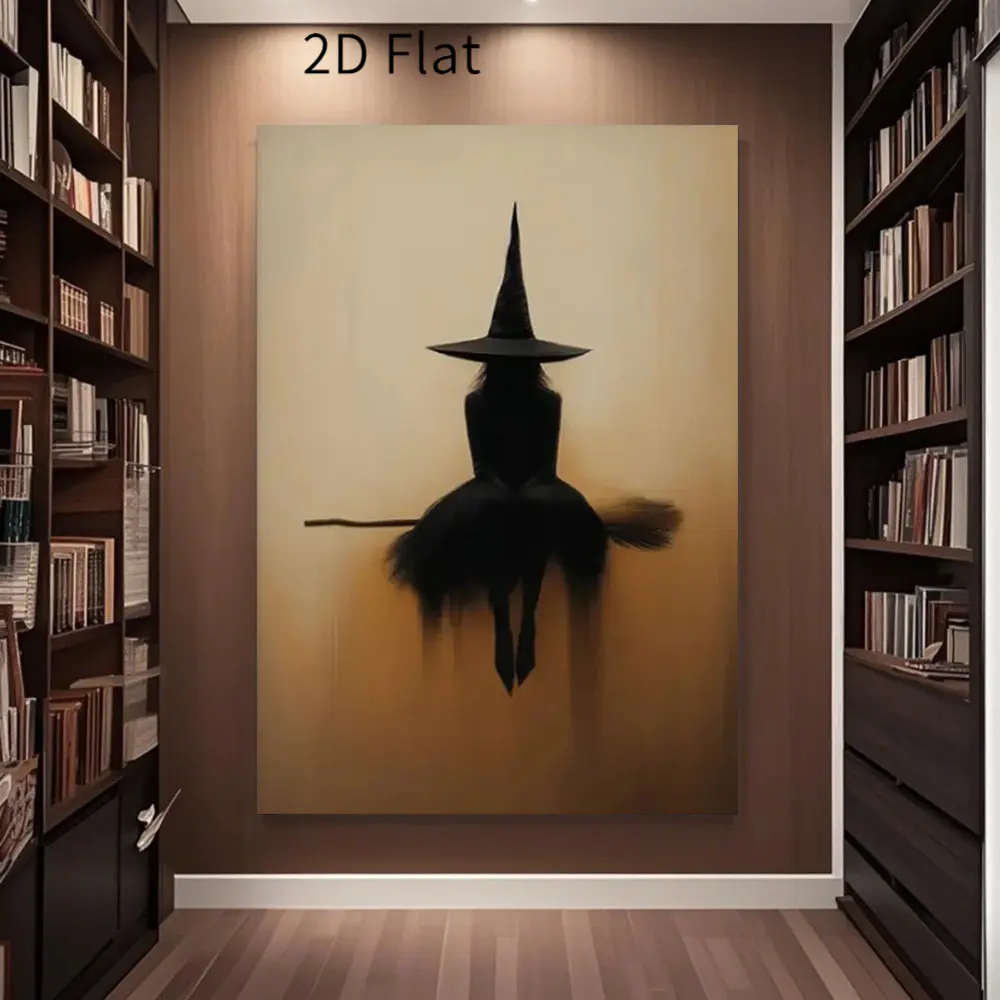 1pc Framed Vertical 2D Flat Witch on Broomstick Canvas Wall Art - Gothic Minimalist Ink Print, Unique Artwork, Gothic Home Decor for Bedroom, Living Room Halloween Decoration