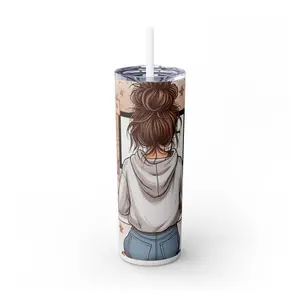 Lady Computer working - Skinny Tumbler with Straw, 20oz
