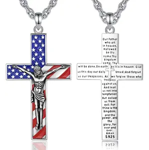 Eudora S925 Sliver American Flag Crucifix Necklace, Silver Jesus Cross Pendant with Sacred Lord's Prayer, Patriotic Christian Jewelry Gift for Veterans & Soldiers
