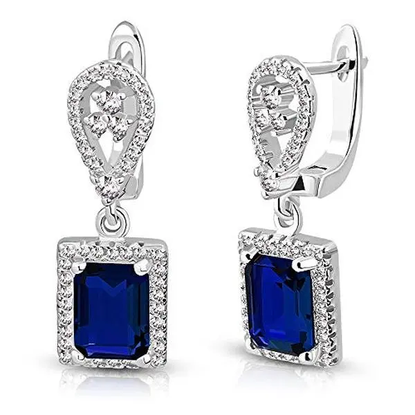 925 Sterling Silver Rectangular Blue Sapphire-Tone CZ Drop Dangle Earrings, 1" Minimal Maintenance Smooth Finish Unisex Adults Jewelry, asl1697, for Anniversary & Everyday Wear, No Warning Applicable