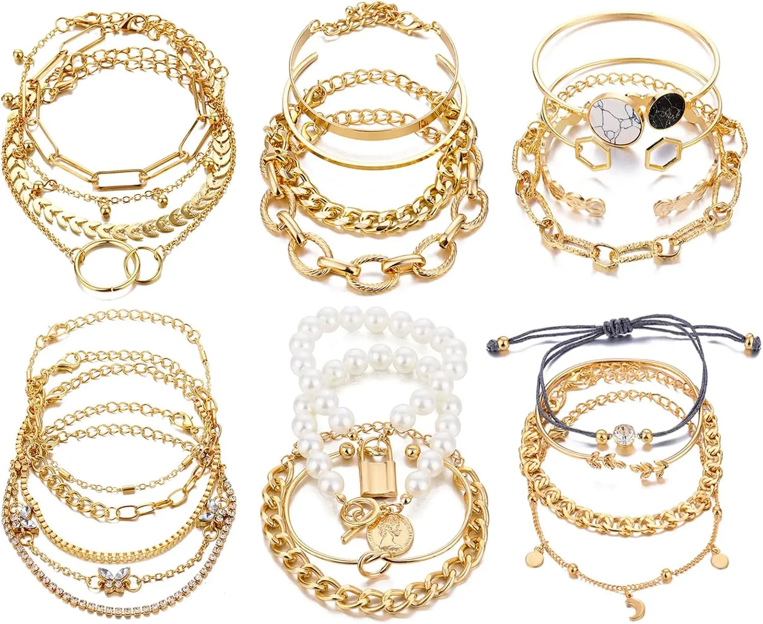 18-25 PCS(6 Pack) Boho  Bracelets Set for Women Stackable Chunky Dainty Bangles Adjustable Chain Flat Cuff Cuban Punk Charm Bundle