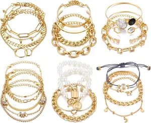 18-25 PCS(6 Pack) Boho  Bracelets Set for Women Stackable Chunky Dainty Bangles Adjustable Chain Flat Cuff Cuban Punk Charm Bundle