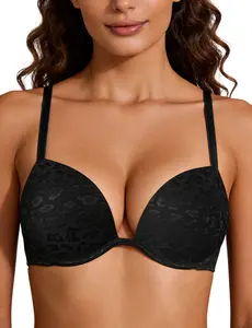 WingsLove Deep V Plunge Underwire Leopard Print T-shirt Bra, Comfortable Padded Push-Up Bra, 2 Cups Lift, Soft & Skin-Friendly Fabric for Women
