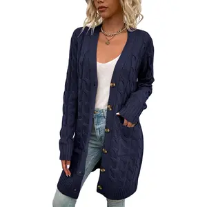 Cardigan Long Sleeve Cable Knit Sweater Open Front Loose Outwear with Pocket